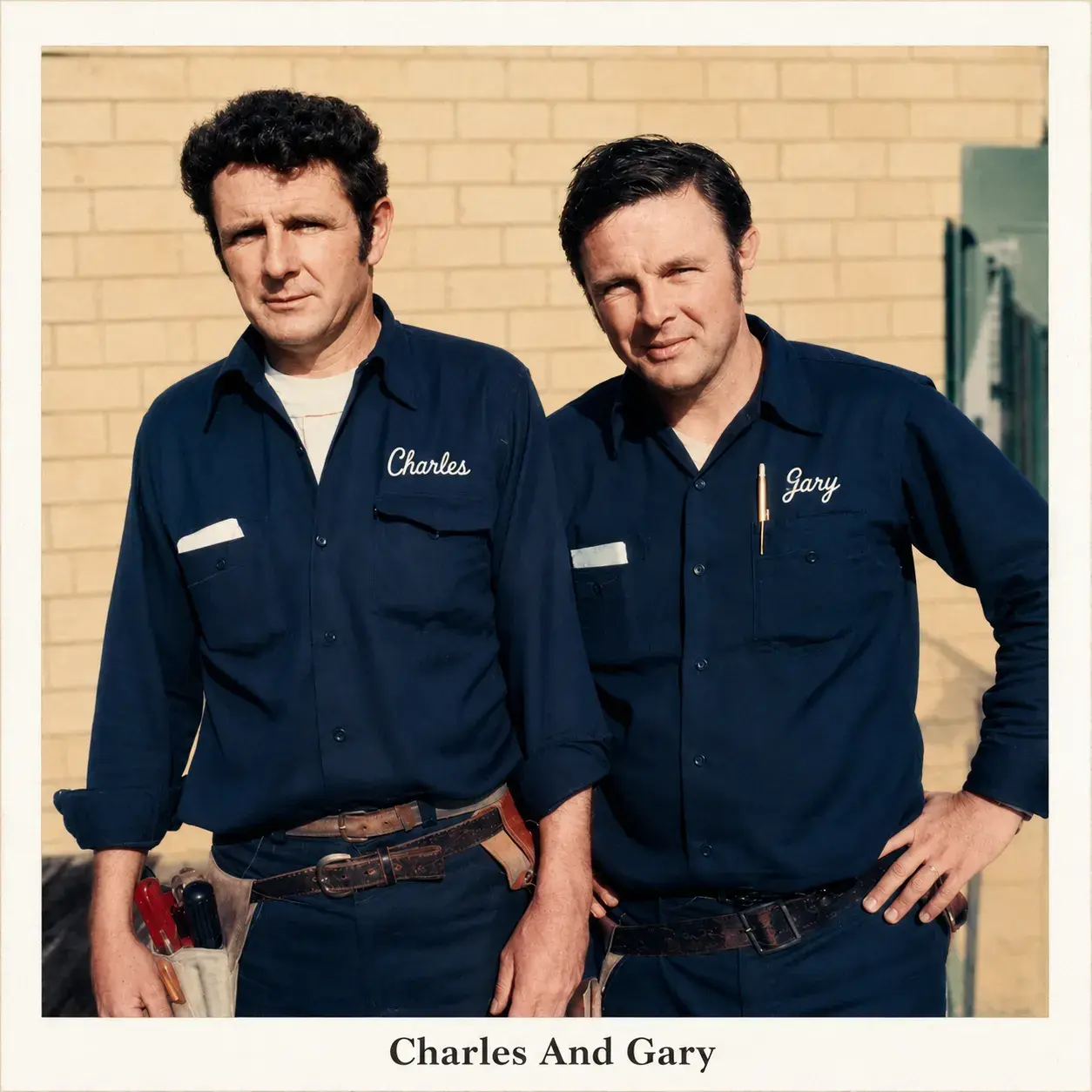 Charles and Gary Knoebel standing together in company work shirts