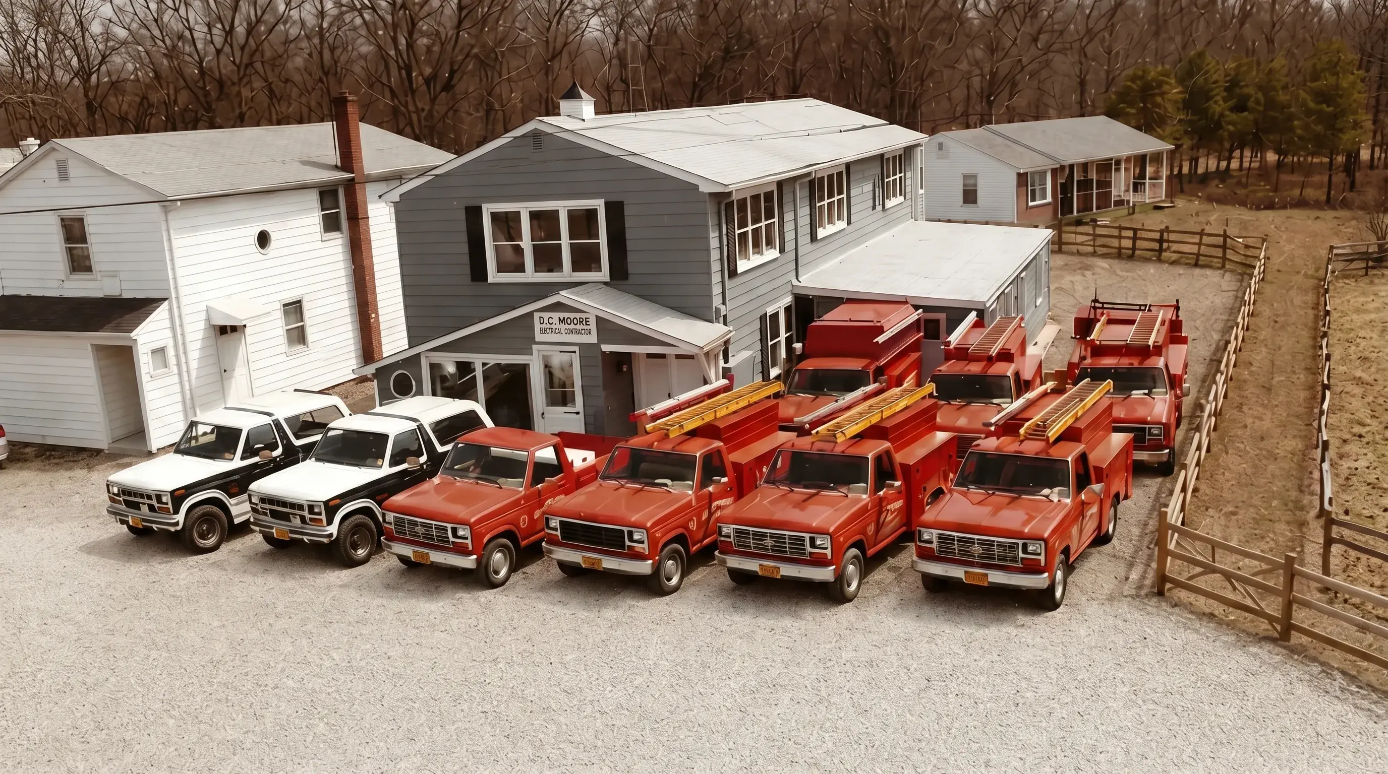 Original Gary & Charles Knoebel Electric service trucks parked outside the company shop in the early years